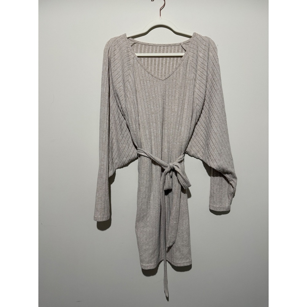 SHEIN Women Beige Ribbed Knit Batwing Sleeve V-Neck Tie Waist Mini Dress Large
